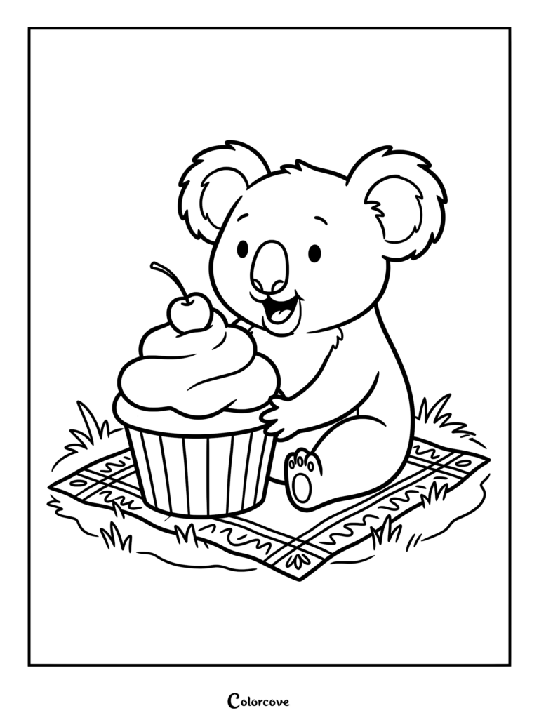 A cute koala sitting on a picnic blanket with a large cupcake topped with a cherry in this printable coloring page.