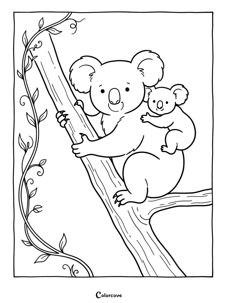 A cute koala mother carrying her baby on her back while climbing a tree branch in this printable coloring page.