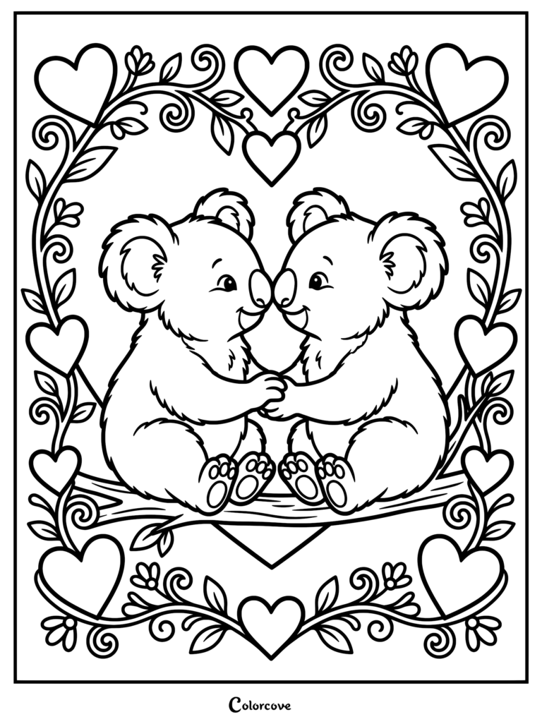 Two cute koalas holding hands while sitting on a branch inside a heart-shaped floral frame coloring page.