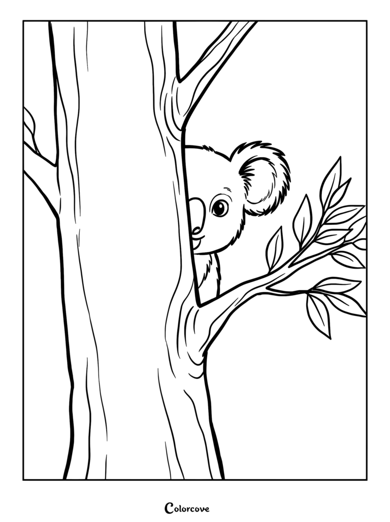 A cute koala peeking from behind a large tree trunk on a printable coloring page.