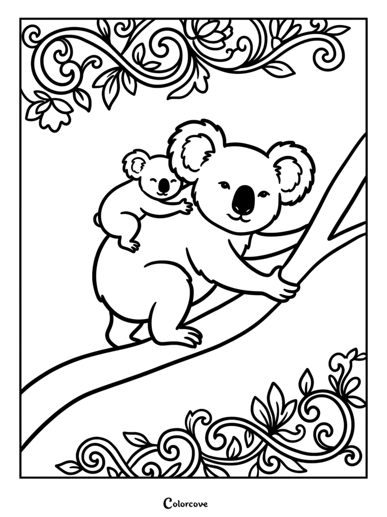 A mother koala carrying her baby on her back while climbing a tree branch, framed by decorative floral swirls in this printable coloring page.
