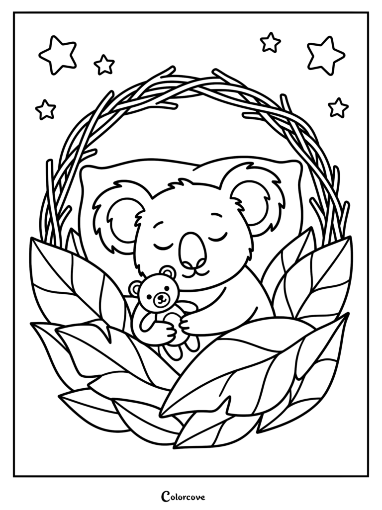 A cute koala sleeping peacefully with a teddy bear inside a leafy nest under stars, printable coloring page.