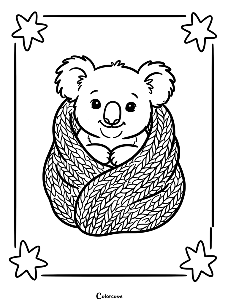 A cute koala wrapped in a thick, chunky knit scarf, featured in a star-bordered coloring page.