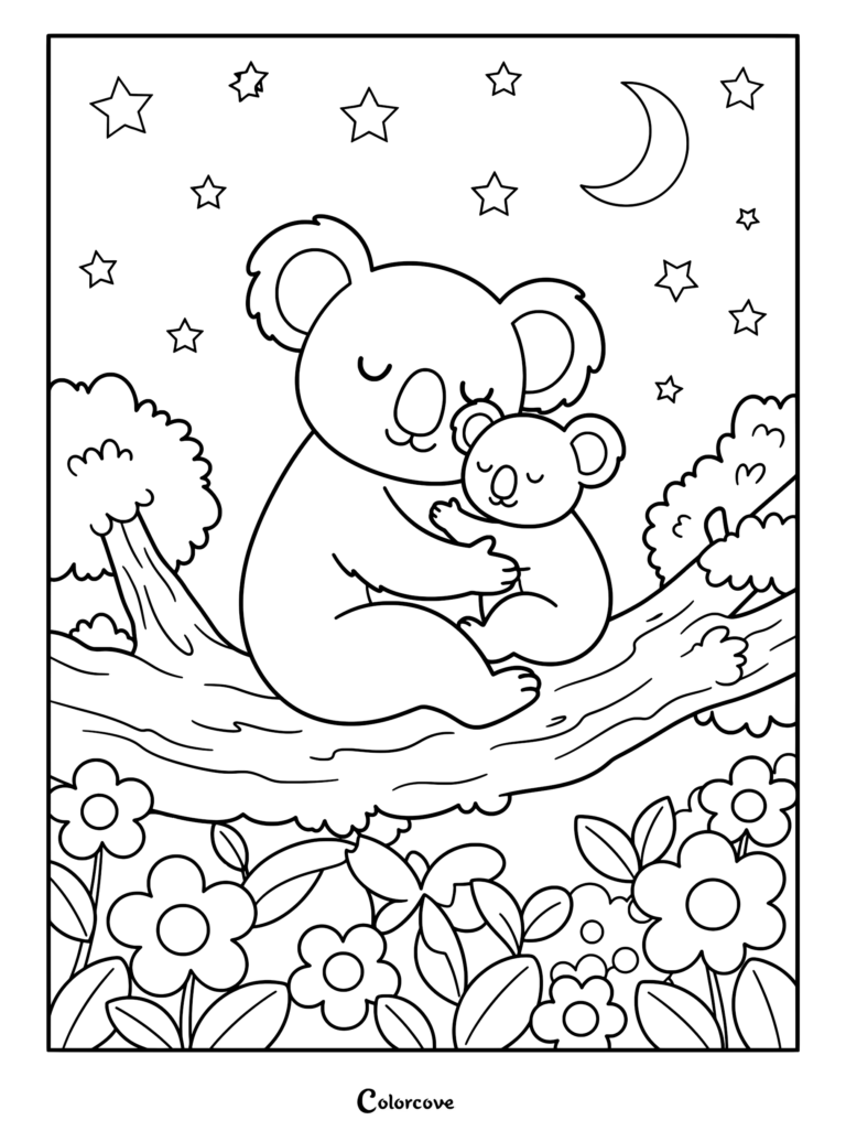 A mother koala hugging her baby on a tree branch under a crescent moon and stars, line art coloring page.