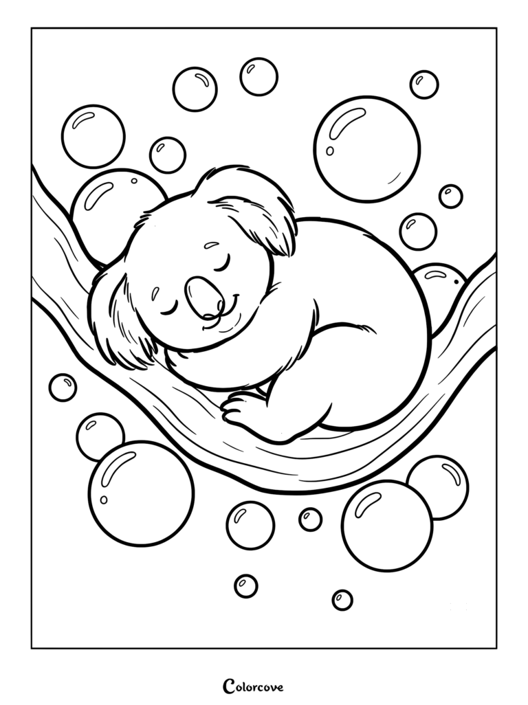 A cute koala sleeping peacefully on a tree branch surrounded by floating bubbles in this printable coloring page.