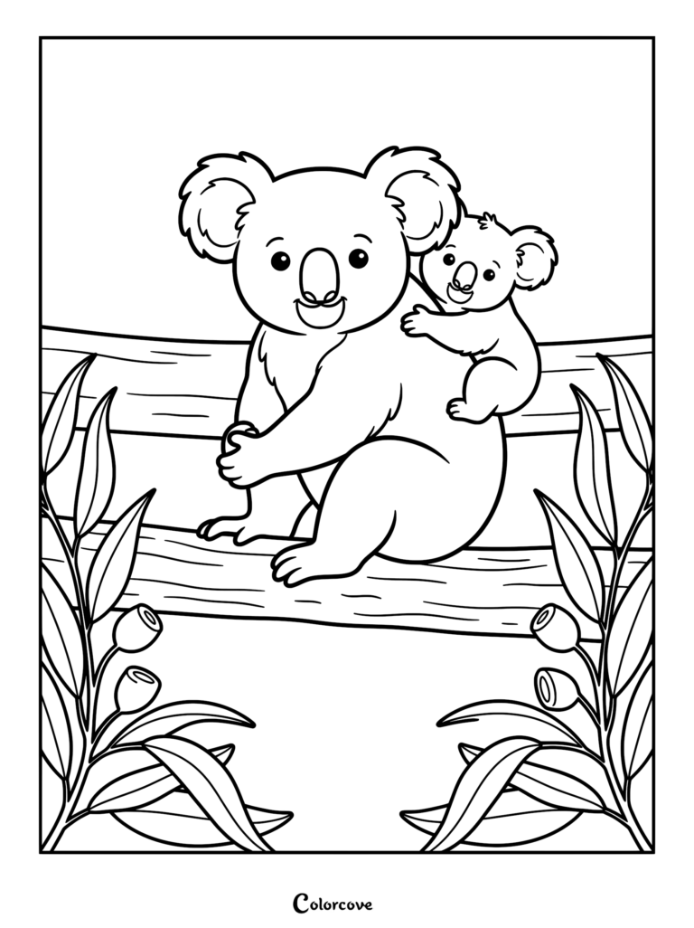 A mother koala carrying her baby on her back while sitting on a eucalyptus branch in this printable coloring page.