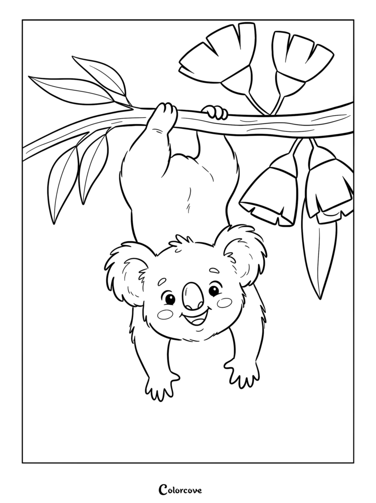 A cute koala hanging upside down from a eucalyptus branch with flowers on a printable coloring page.