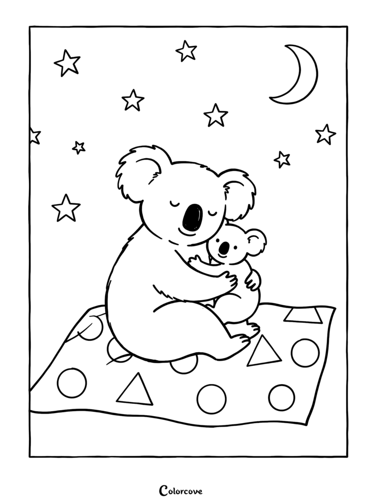 A mother koala hugging her baby on a patterned blanket with stars and a crescent moon in the background coloring page.