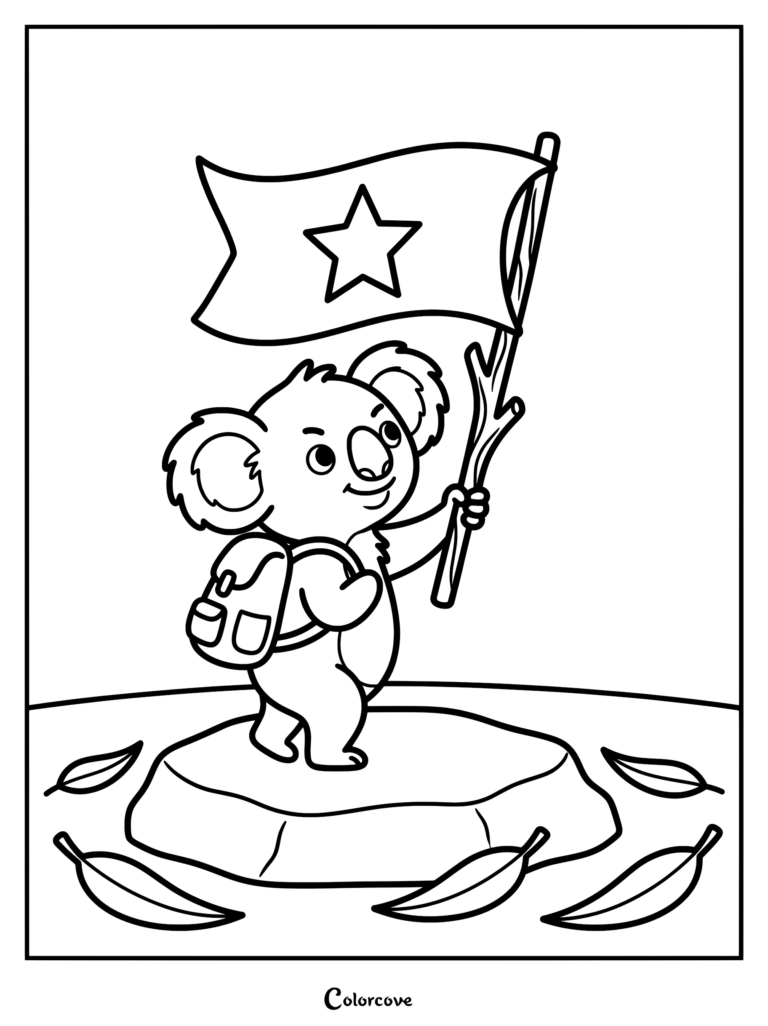 A cute koala wearing a backpack holding a star flag on a rock coloring page.