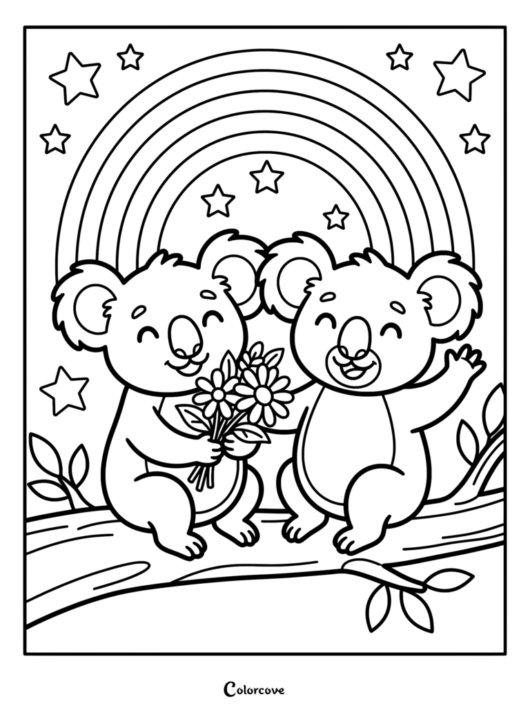 Two happy koalas sitting on a tree branch holding a bouquet of flowers under a rainbow and stars coloring page.