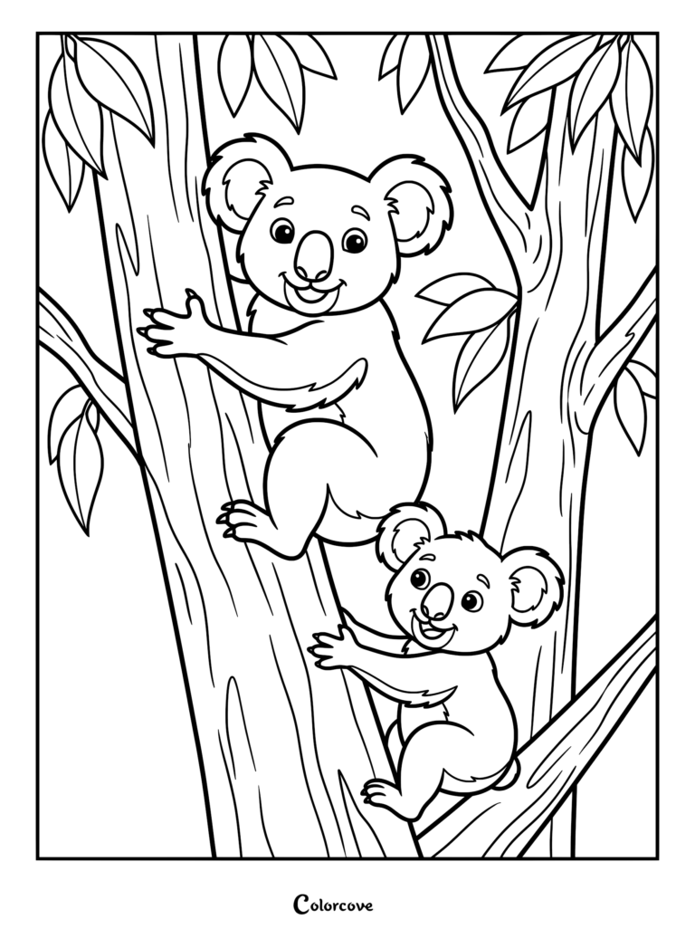 A mother koala and her baby climbing a eucalyptus tree in this printable coloring page.