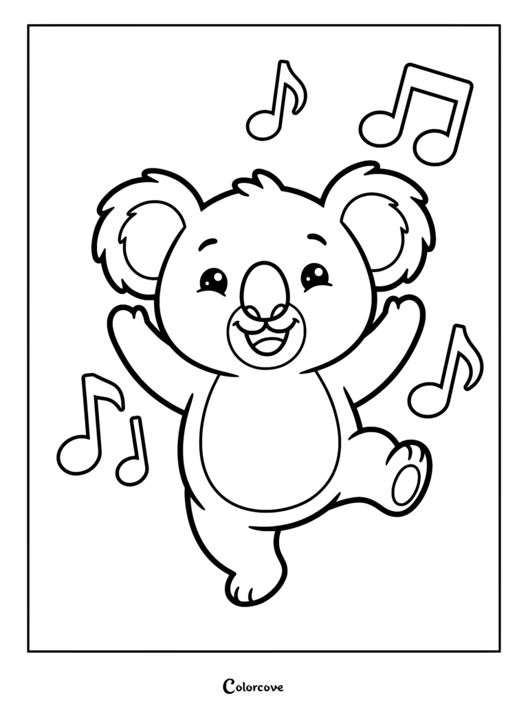 A happy koala dancing with musical notes floating around in this printable coloring page.