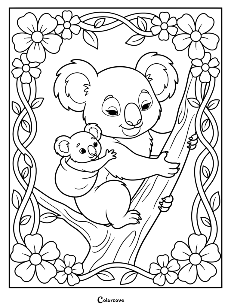 A mother koala holding her baby in a pouch while climbing a tree, surrounded by a floral vine border in this printable coloring page.
