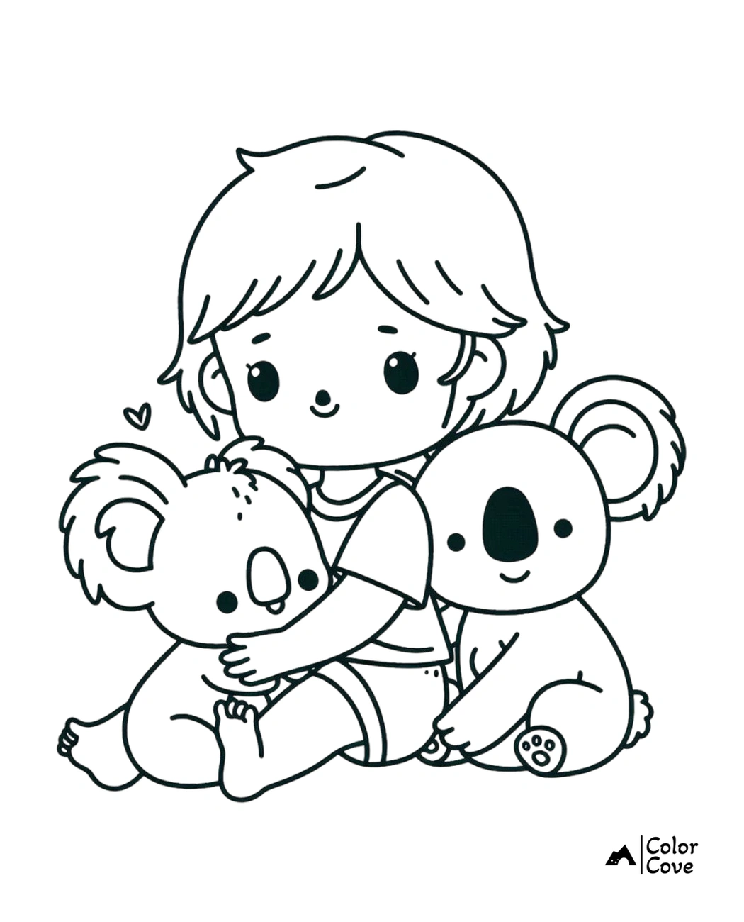 Child hugs two koalas coloring page - Black and white line drawing for kids to color and enjoy. Coloring page nature friendly.