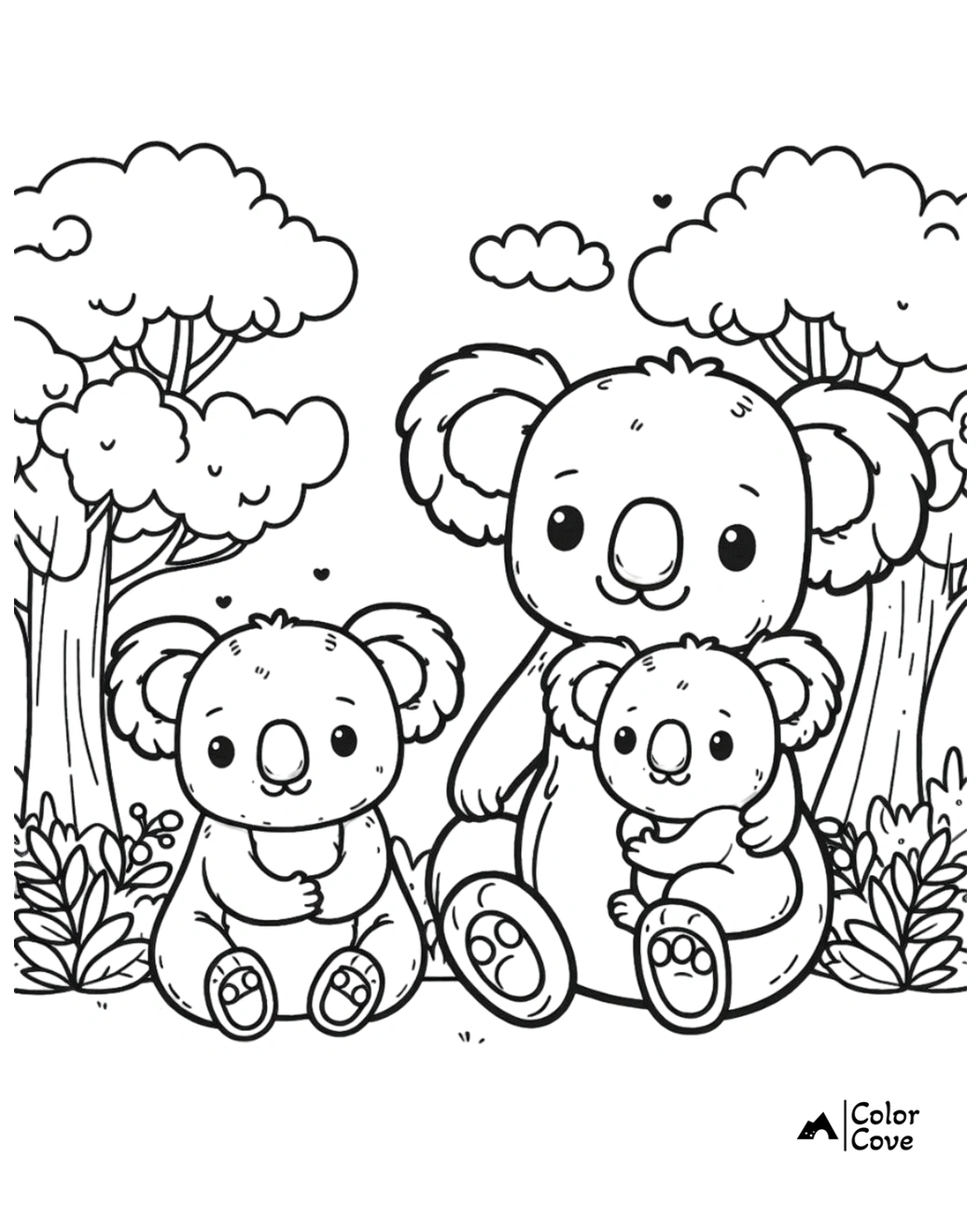 Cute koala family coloring page with a parent and two baby koalas sitting in a forest. Free printable for kids.