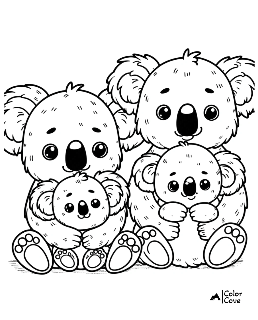 Cute koala family coloring page featuring two adult koalas and two joeys. Printable for kids and adults. Color Cove logo.