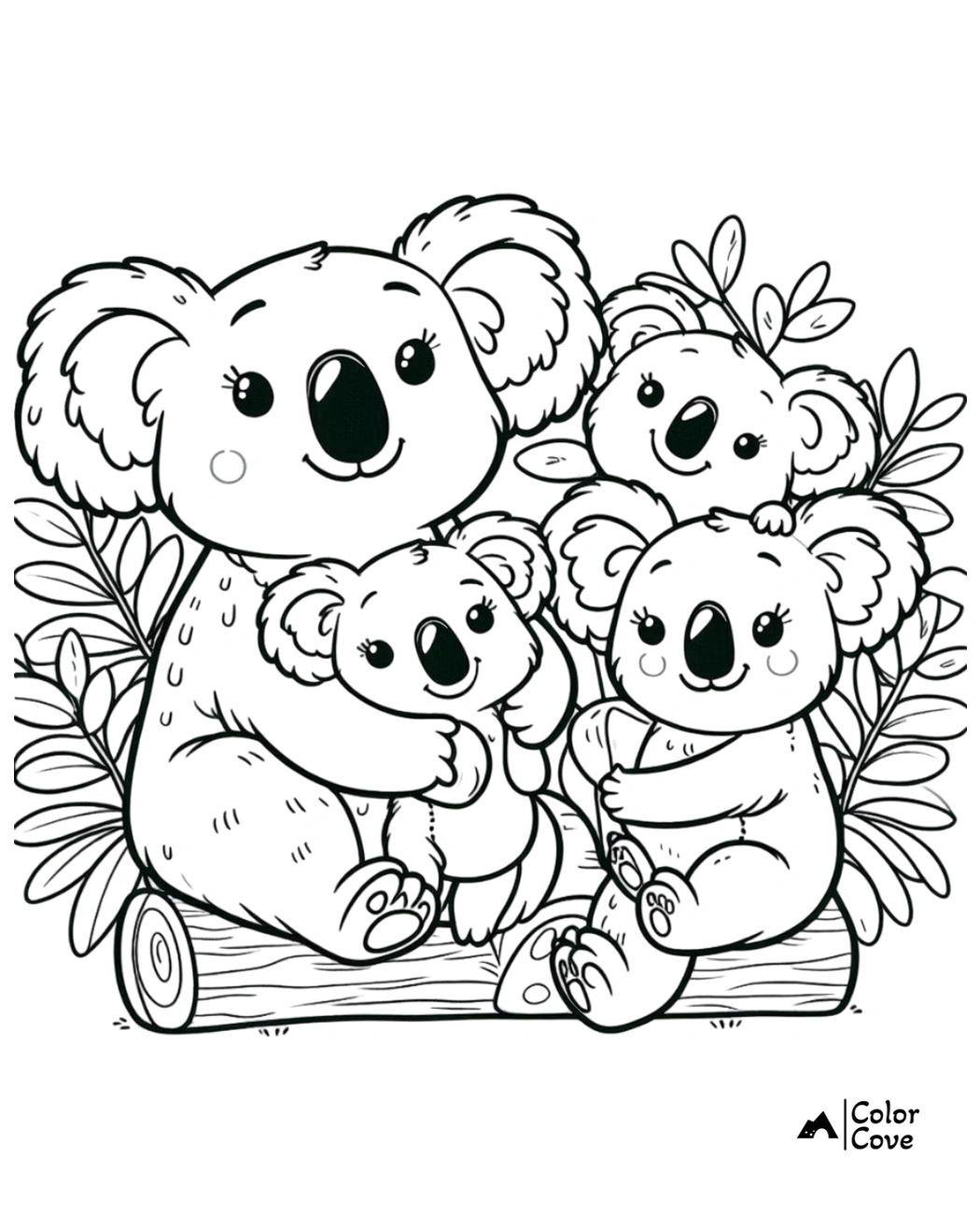 Cute koala family coloring page with mother and three baby koalas sitting on a log surrounded by leaves.