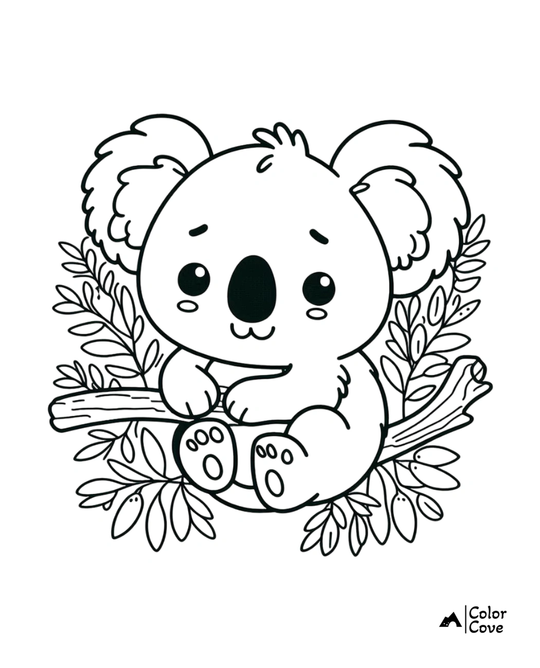 Cute koala coloring page for kids, featuring a koala on a tree branch with leaves. Perfect for printable coloring fun.