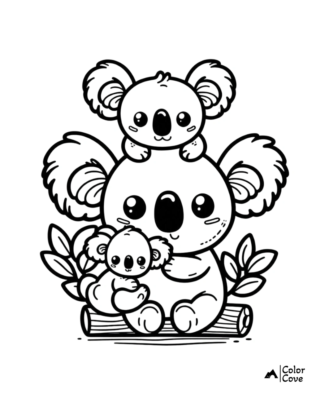 Cute koala family coloring page featuring parent and baby koalas on a log, perfect for kids to color and enjoy.