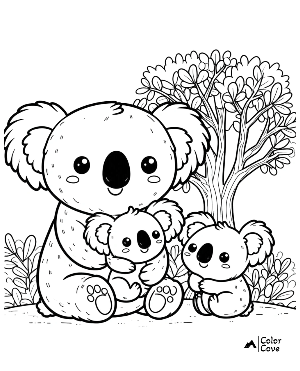 Cute koala family with two babies under a tree coloring page for kids. Perfect for animal-themed coloring activities.