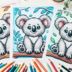 Koala coloring pages with colored pencils, featuring three adorable koalas surrounded by leaves on colorful backgrounds.