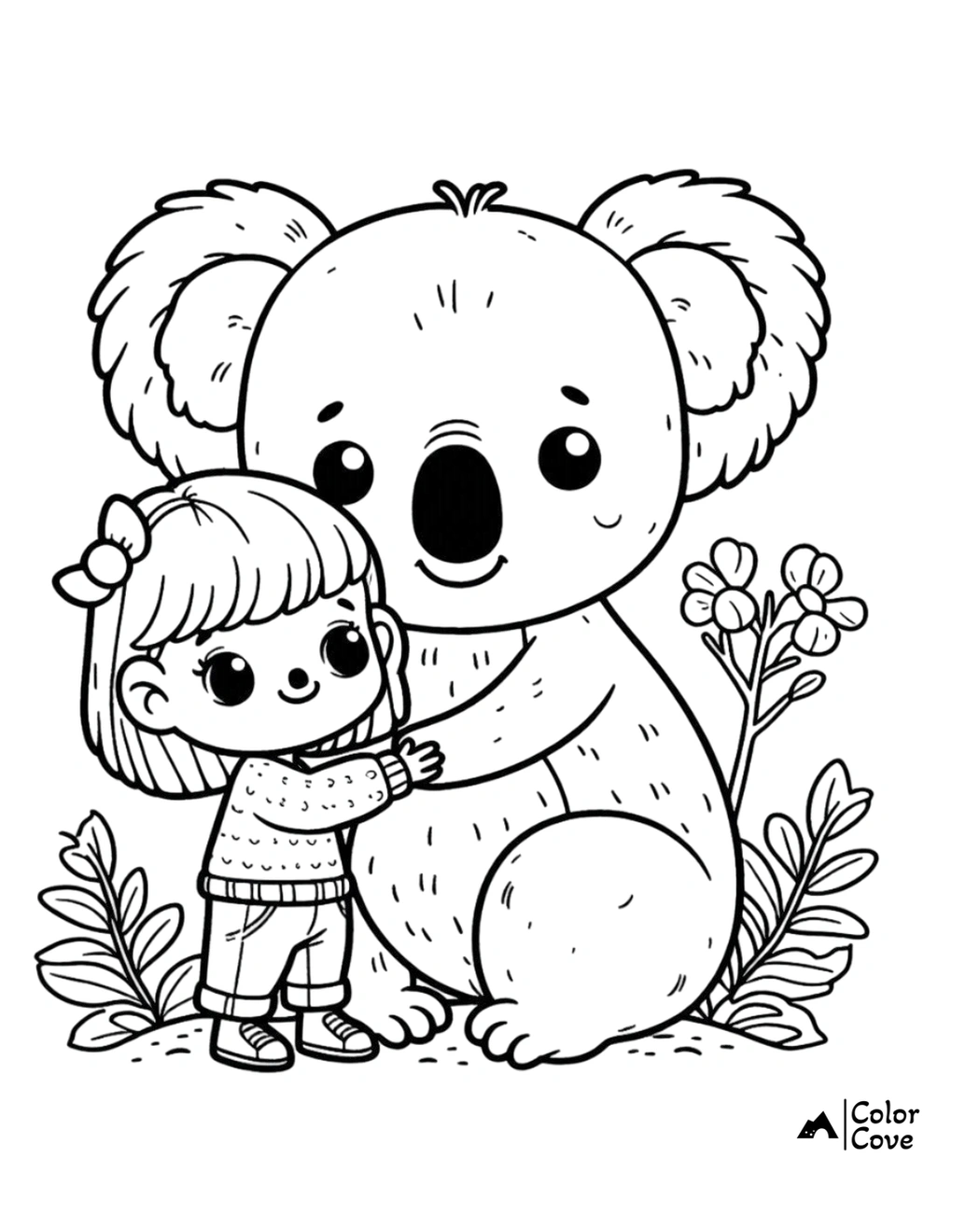 Girl hugging a koala coloring page. Cute illustration for kids to color. Download and print free koala and girl coloring sheet.