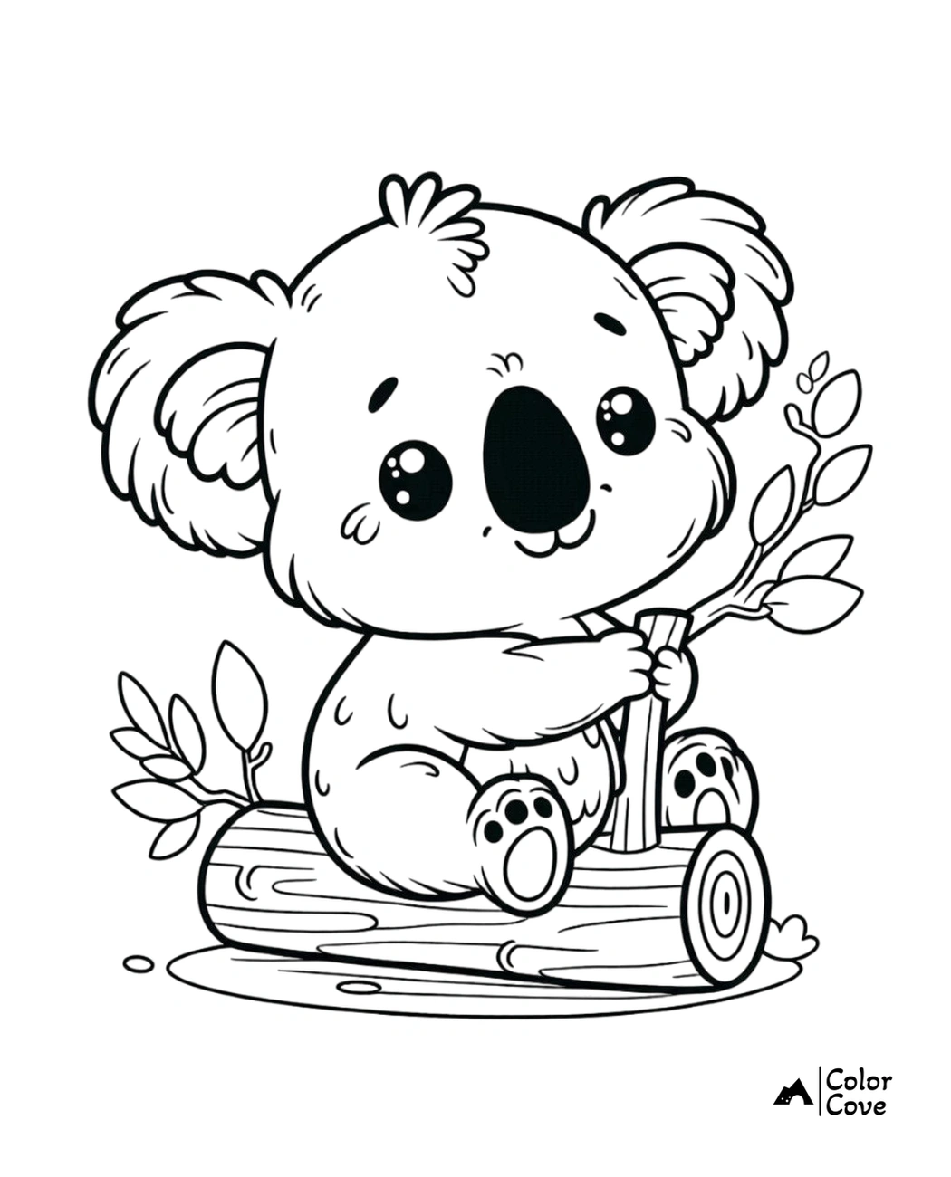 Cute koala coloring page for kids, holding a branch while sitting on a log. Perfect for children's creativity and fun.