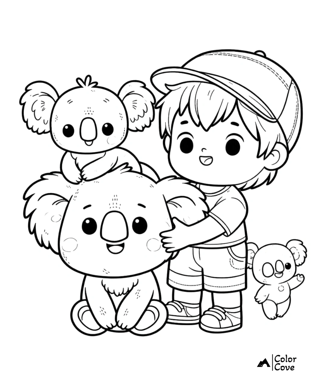 Child with cap and shorts hugging a koala, with another child koala on its head and a baby koala standing nearby. Coloring page.