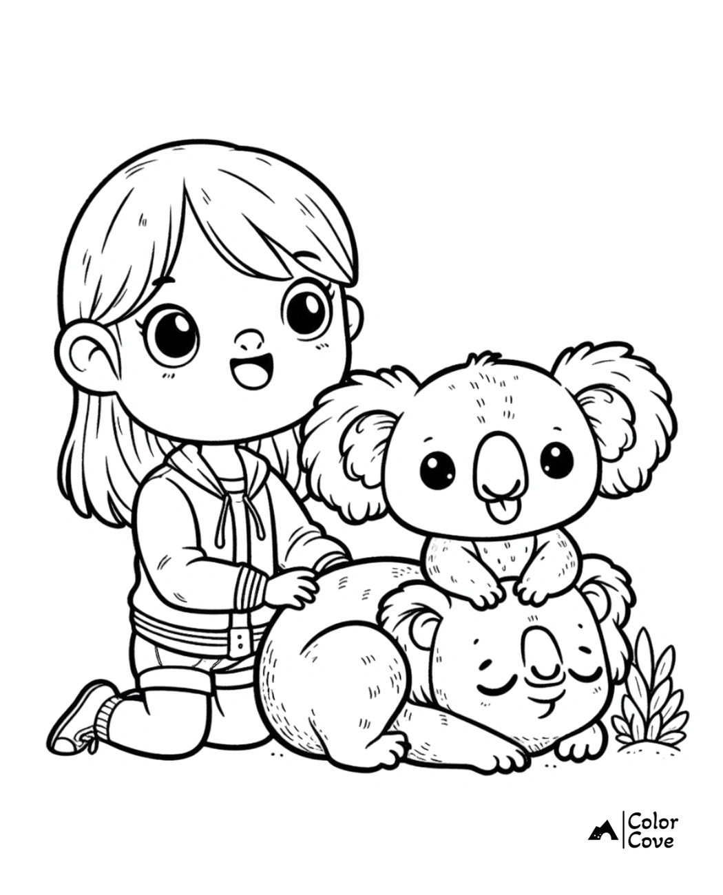 Child and two cute koalas coloring page, happy kid with adorable koalas, fun and playful illustration for coloring enthusiasts.