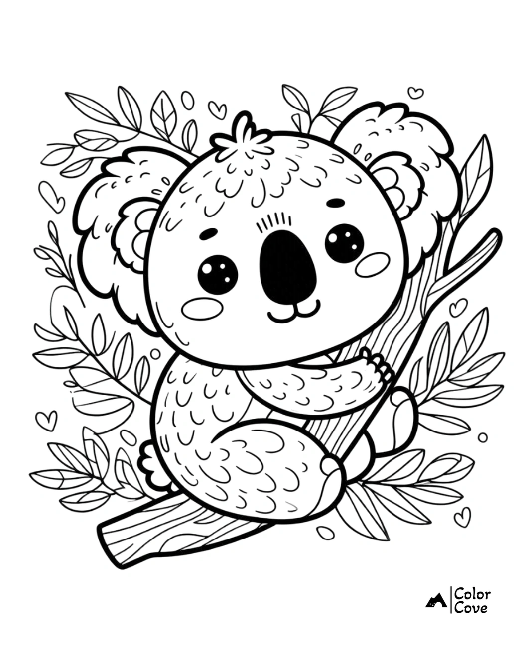 Cute koala coloring page for kids. Adorable koala bear hugging a tree branch surrounded by leaves and hearts.