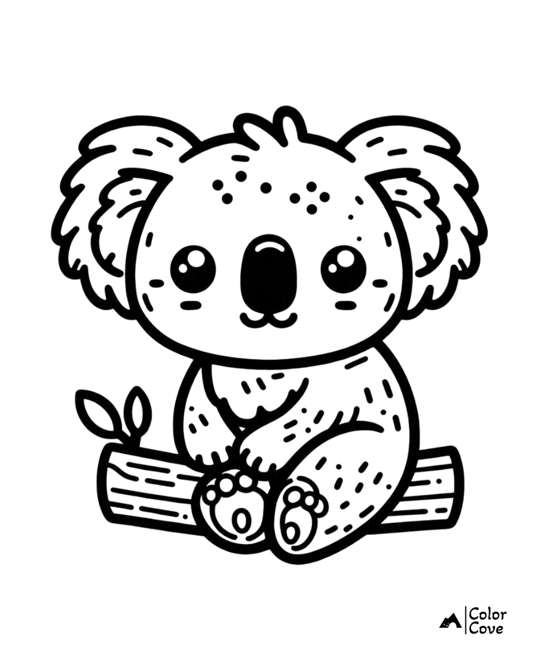 Cute koala coloring page for kids. Printable black and white koala bear sitting on a log. Fun animal coloring sheet.