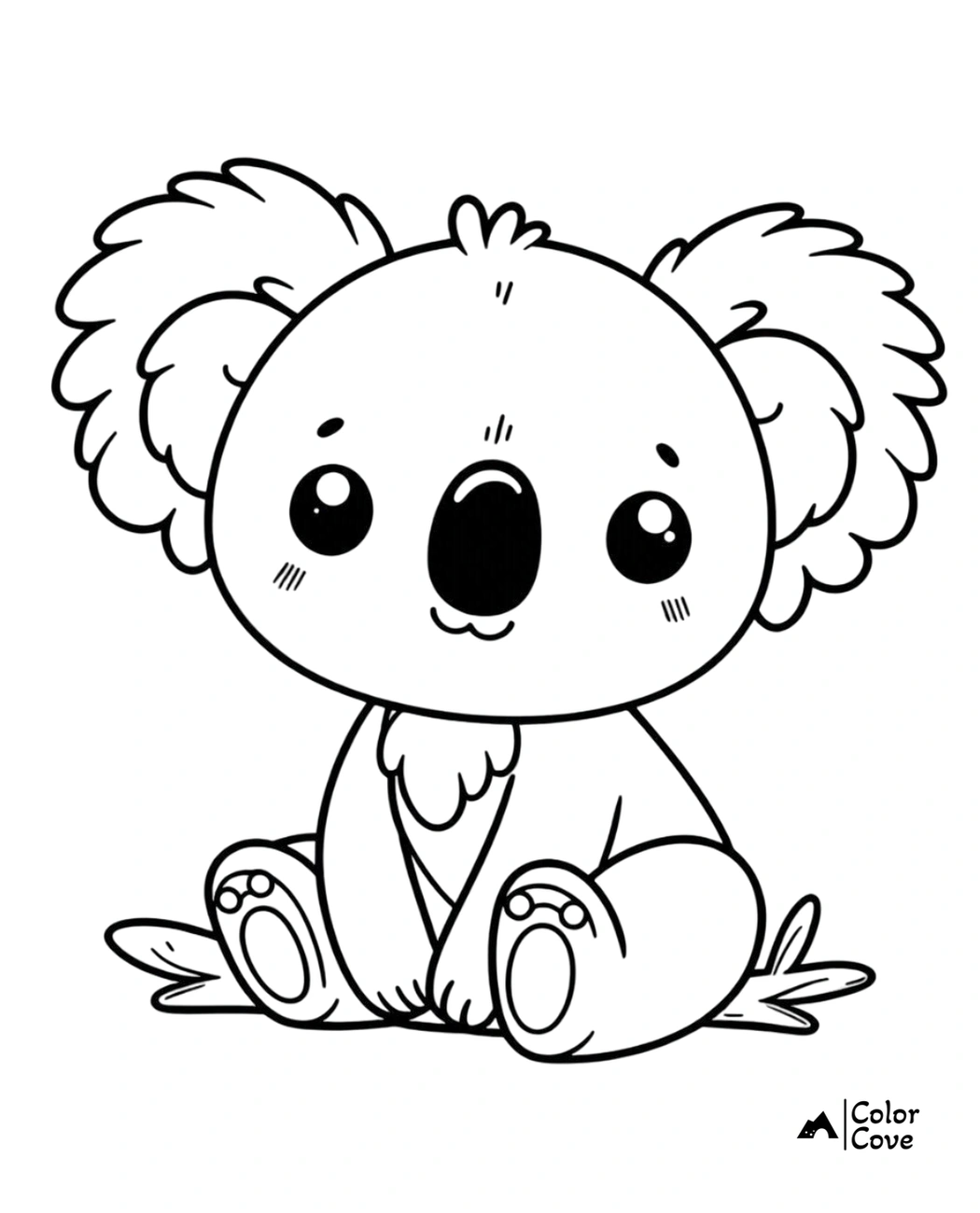 Adorable koala bear coloring page for kids and adults, featuring a cute koala sitting down ready to be colored.