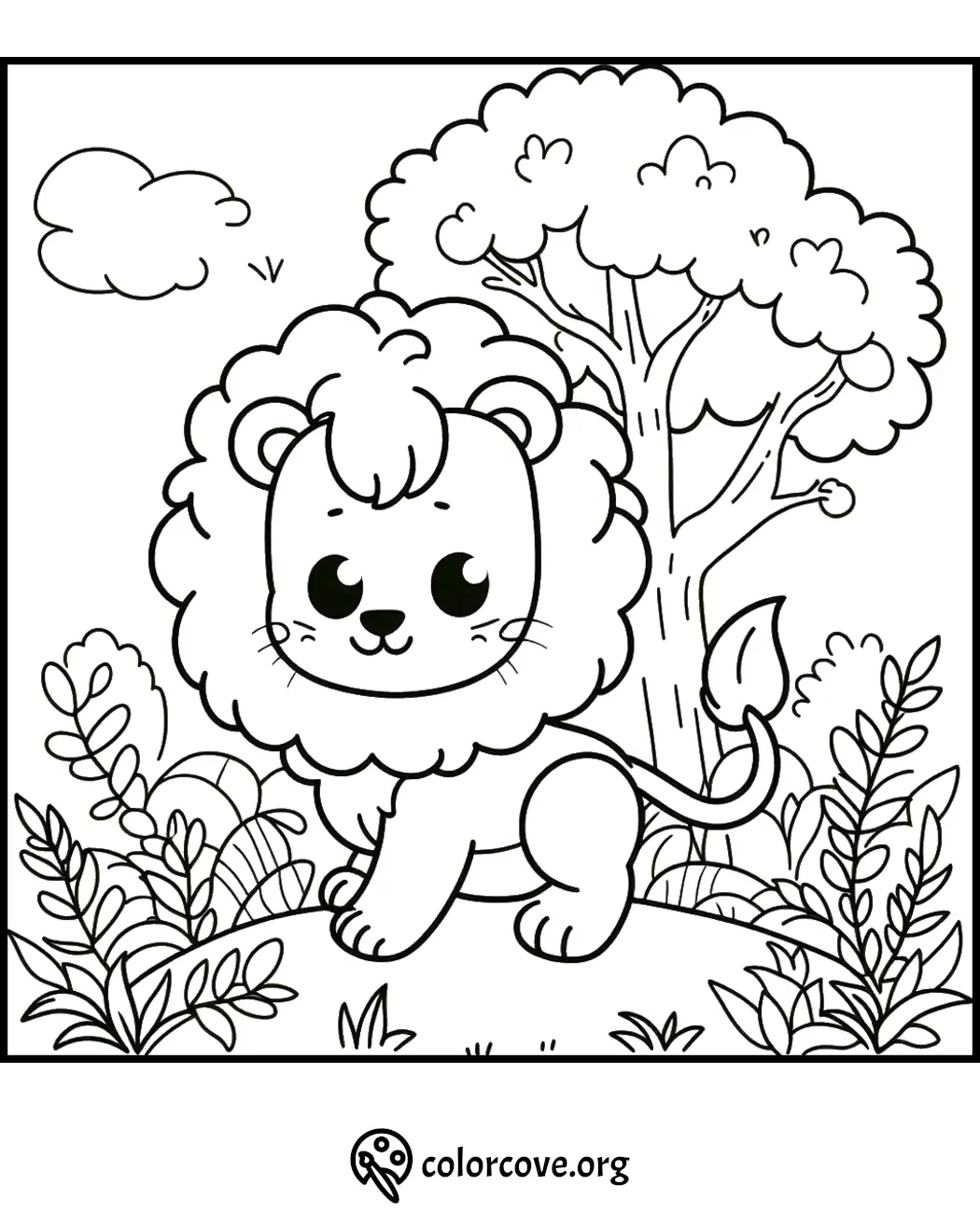 Cute lion coloring page for kids featuring a lion in a jungle with trees and bushes. Ideal for fun learning and creativity.