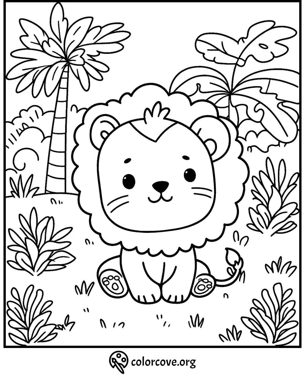 Cute lion coloring page for kids with tropical jungle background and palm trees. Download and print from colorcove.org.