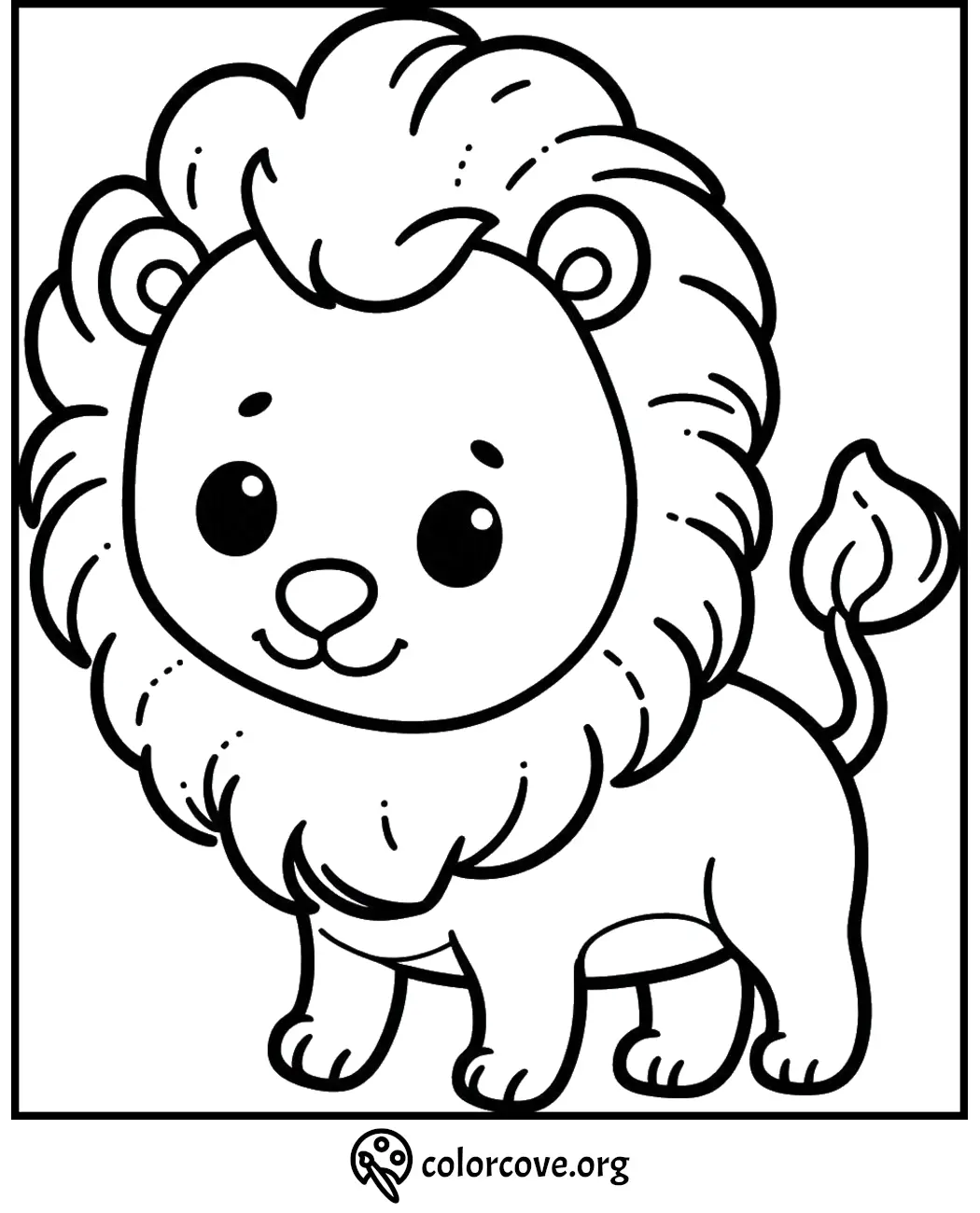 Cute lion coloring page for kids, easy and fun activity to print and color, free from colorcove.org.