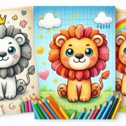 Cute lion coloring pages for kids with color pencils, featuring adorable lion illustrations with happy and colorful backgrounds.