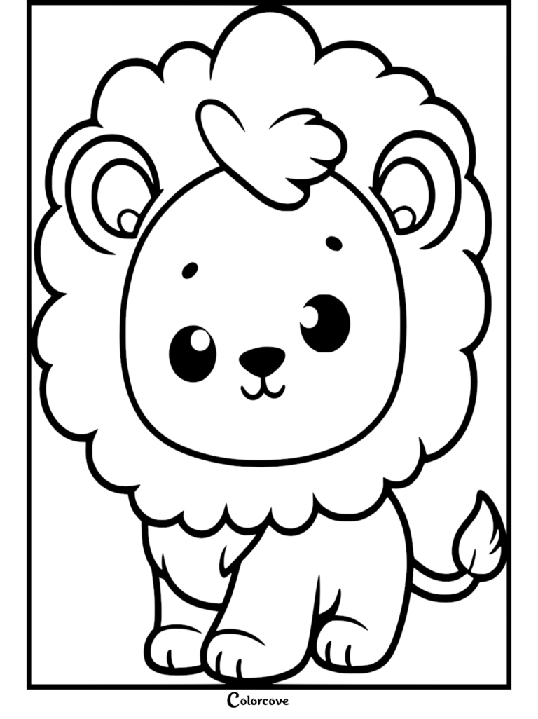 A simple line art coloring page of a cute baby lion with a fluffy mane and large expressive eyes sitting down.