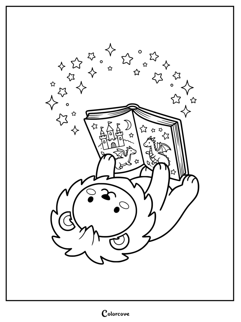 A cute lion lying on its back reading a magical storybook with dragons and a castle, surrounded by floating stars in this printable coloring page.