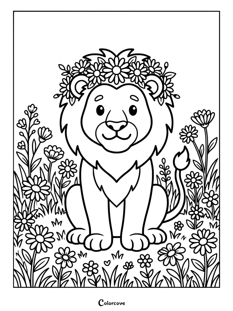 A cute lion wearing a daisy flower crown sitting in a field of wildflowers, black and white coloring page.