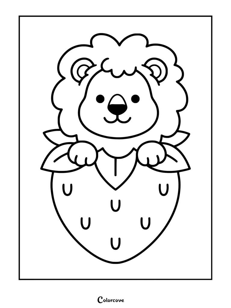 A cute lion with a fluffy mane peeking out from inside a large strawberry in this printable coloring page.