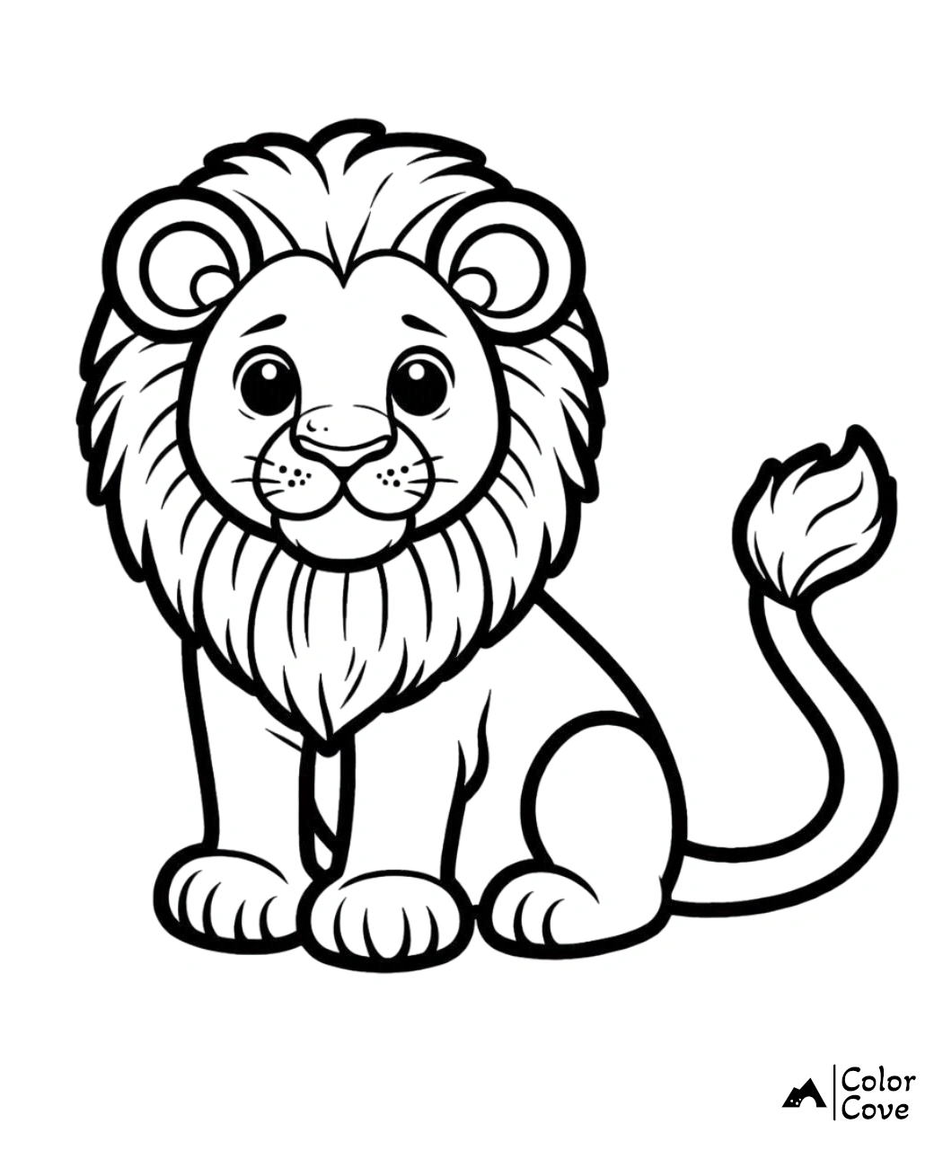 Lion coloring page for kids to print and color. Cute lion illustration with big mane and happy expression. Color Cove.