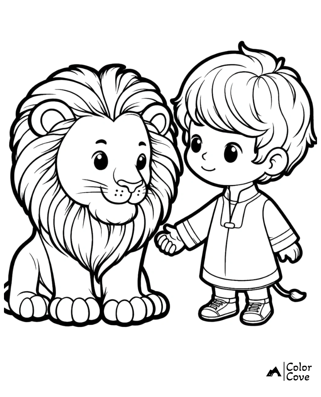 Cute coloring page of a child holding a lion's paw, perfect for kids' activities and creativity.