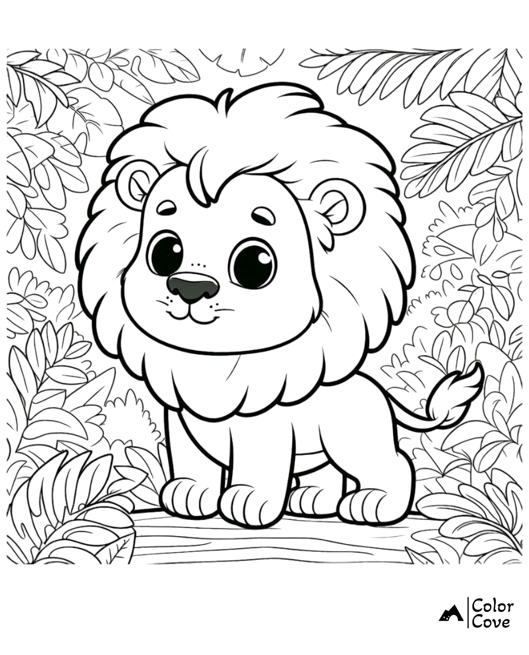 Cute lion in jungle coloring page by Color Cove, perfect for kids to color and enjoy. Printable cute animal coloring sheet.