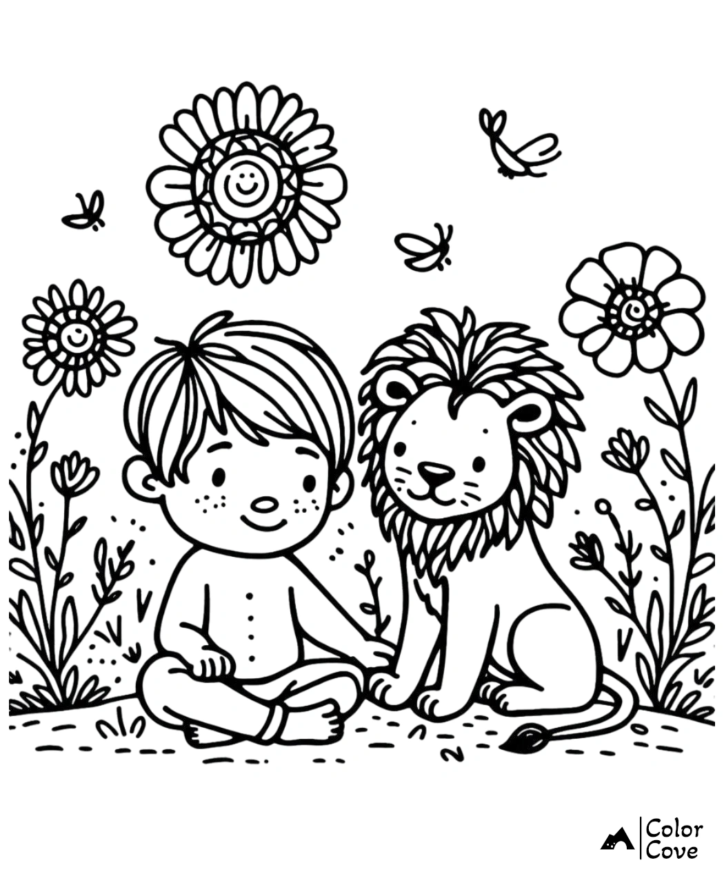 Boy and lion sitting in a flower garden, coloring page for children, with flowers, butterflies and bees in the background.