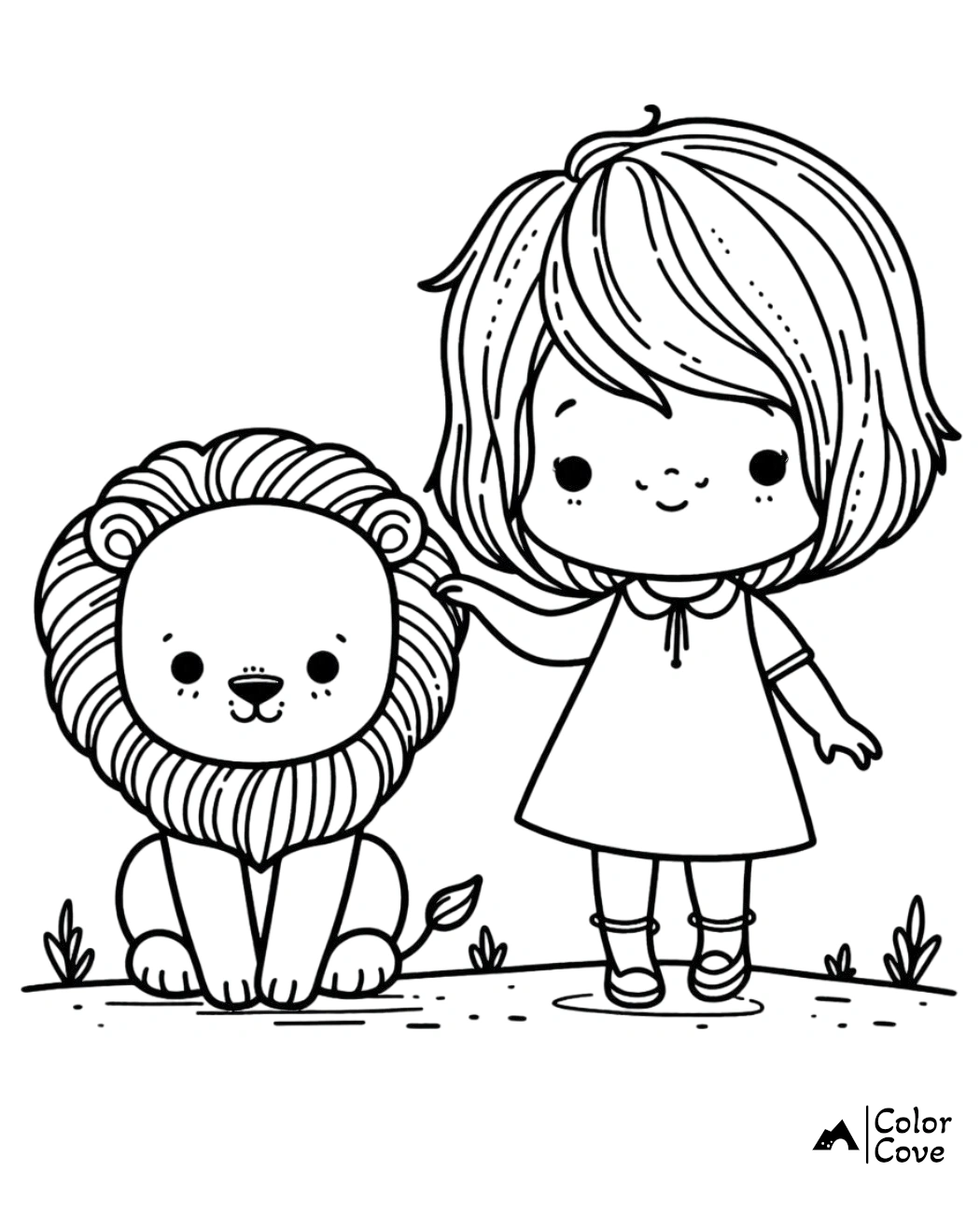 Adorable coloring page of a cute child and a friendly lion, perfect for kids' activity and developing creativity.