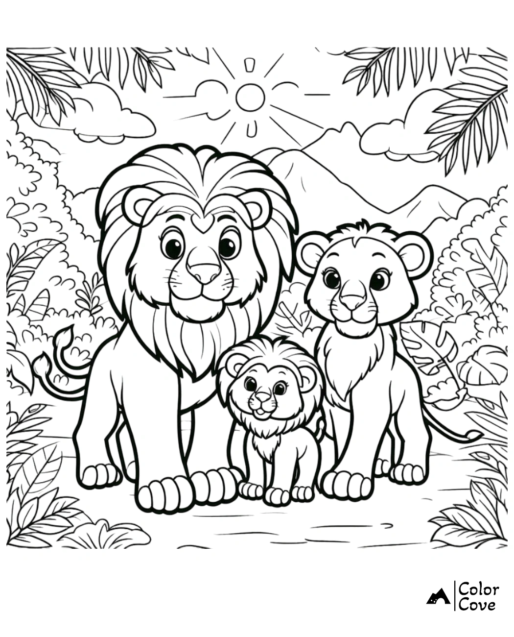 Lion family coloring page: father lion, mother lioness, and cub in a jungle setting with sun and mountains in the background.