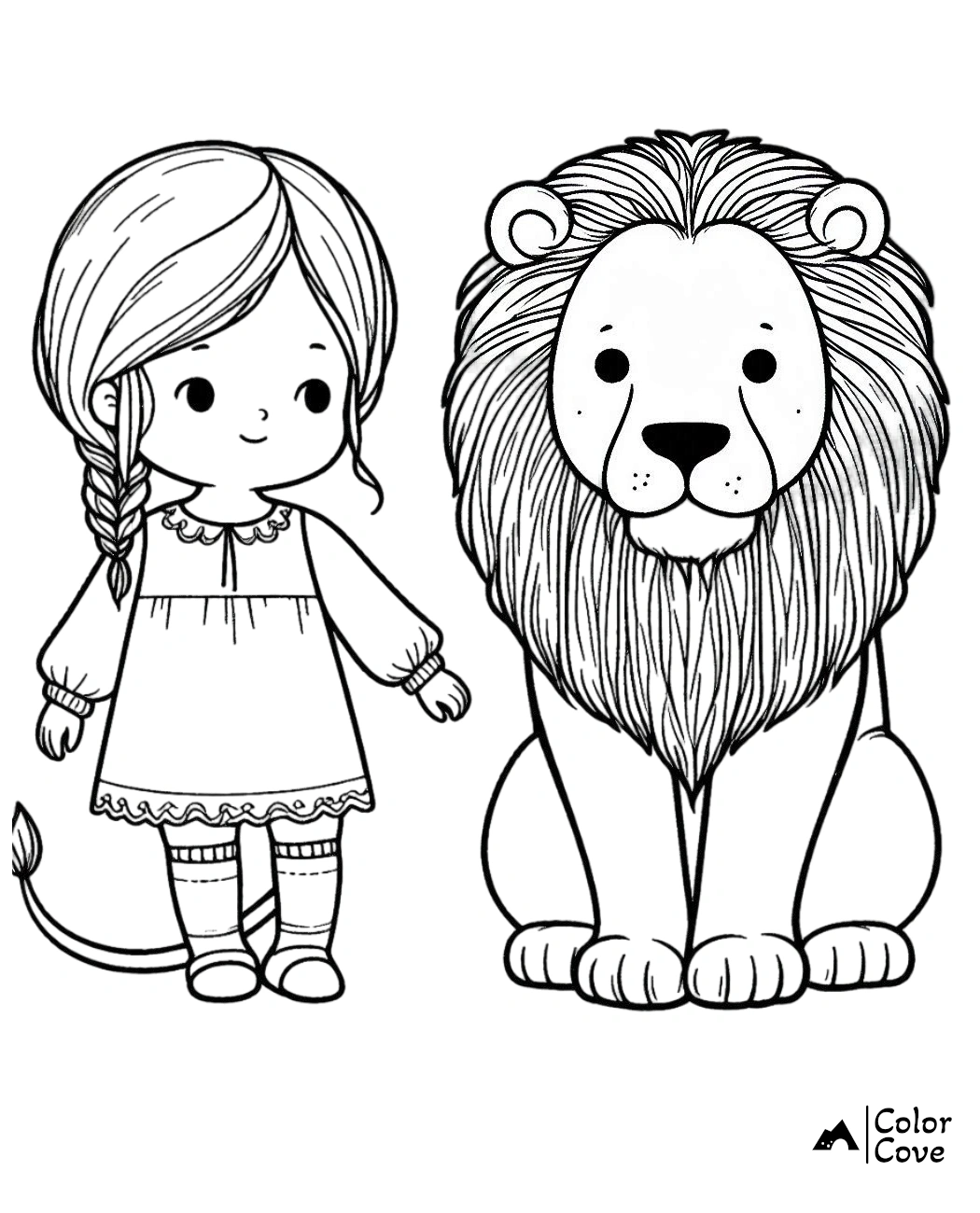 Cute coloring page of a little girl with braided hair standing next to a friendly lion, perfect for kids to color.