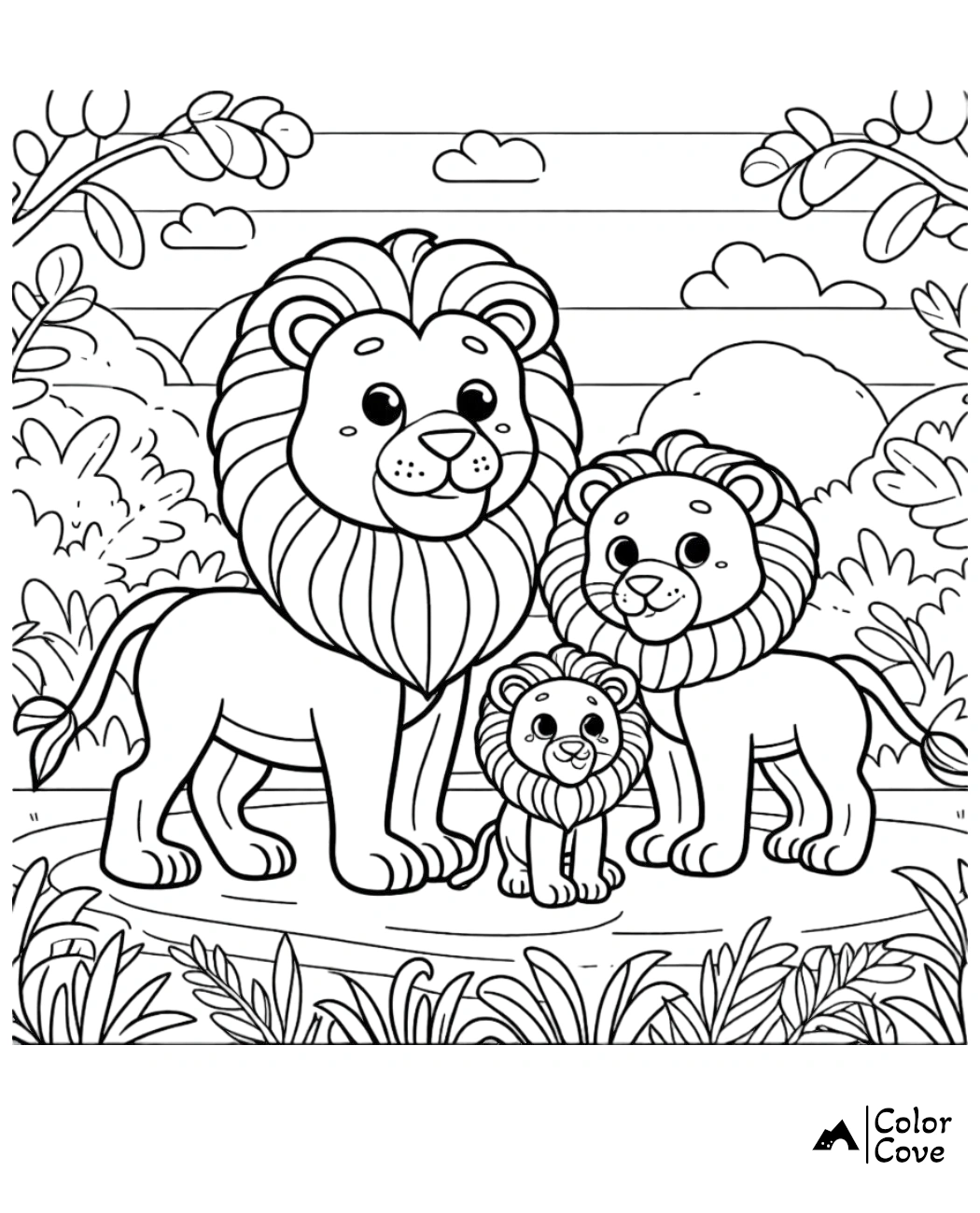 Coloring page of a cute lion family with two adult lions and a cub in a natural setting with trees and clouds.