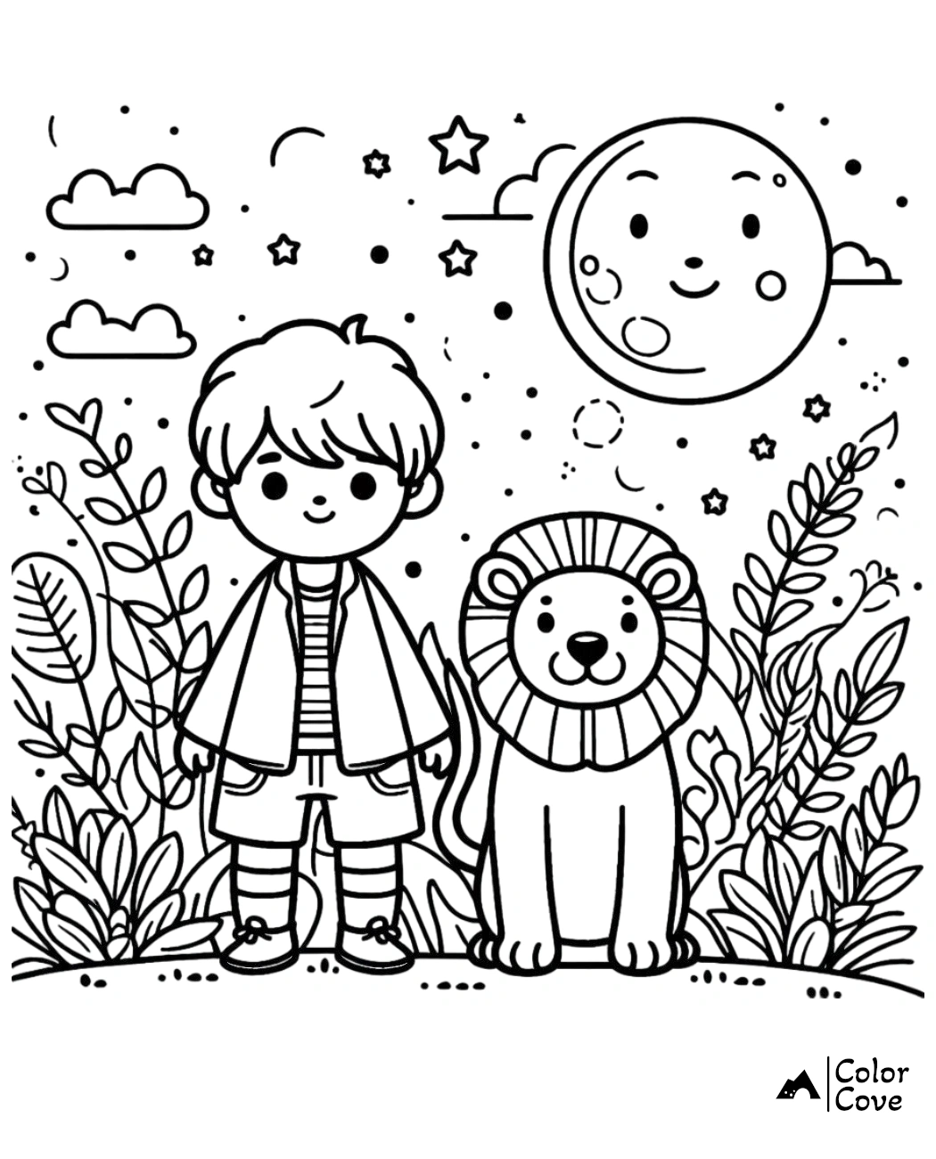 Cute coloring page of a child standing with a lion under a smiling moon, surrounded by plants and stars at night.