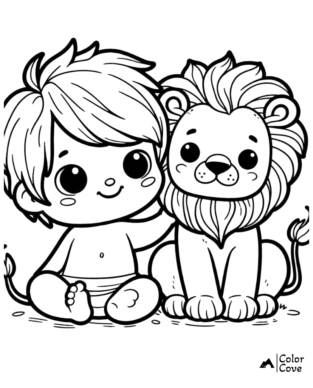 Cute coloring page of a child and a lion sitting together, smiling with adorable large eyes. Perfect for kids' creativity.